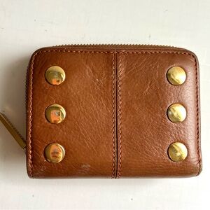 Vtg Hammitt 5 North Brown Leather Gold Rivet Studs Compact Bifold Zip Wallet